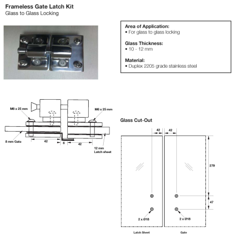 Frameless Gate Latch Kit - Glass to Glass Locking