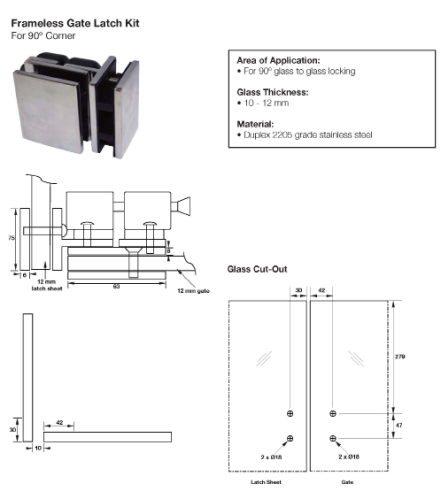 Gate Latch Kit Glass to Glass 90 deg